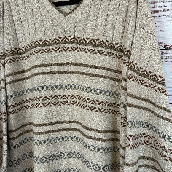 Mens VTG 90s EUC Liberty Sweaters Neutral Tan Geometric V Neck Pullover USA XL - Picture 2 of 5